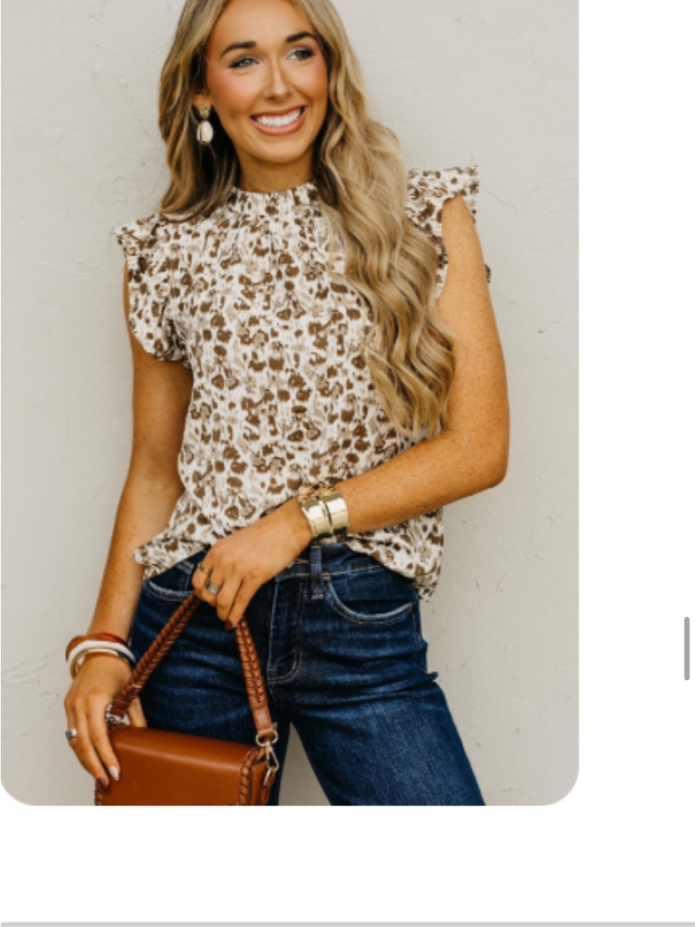 NWOT THML Women's Medium Cream & Brown Printed Ruffle Short Sleeve Top
